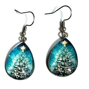 Christmas Teardrop Dangle Earrings - Traditional Trimmed Tree - French Hook